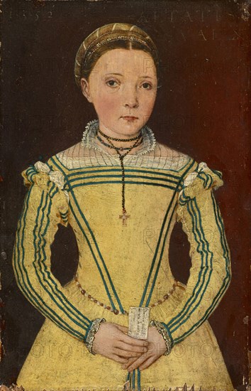 Portrait of Dorothea Curio, the daughter of Professor Celio Secondo Curio, 1552, oil on fir wood, 22.5 x 14.5 cm, unsigned, but dated upper left: 1552, upper right: AETATIS, SVAE X., Also on the note in the girl's hand: Dorotea ..., Lucca, (?)