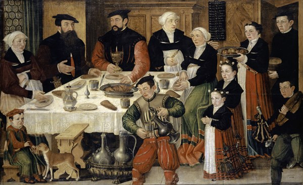 Portrait of the family of Hans Rudolf Faesch, 1559, mixed media on canvas, 127.5 x 207.5 cm, from the artist: Signed and dated: lower right: H KLVBER [the year below 1556 added later], at the top of the cabinet: 15 59. On the board, in the background the birth and death days of all family members (see transcription in the text), Hans Hug Kluber, Basel 1535/36–1578 Basel