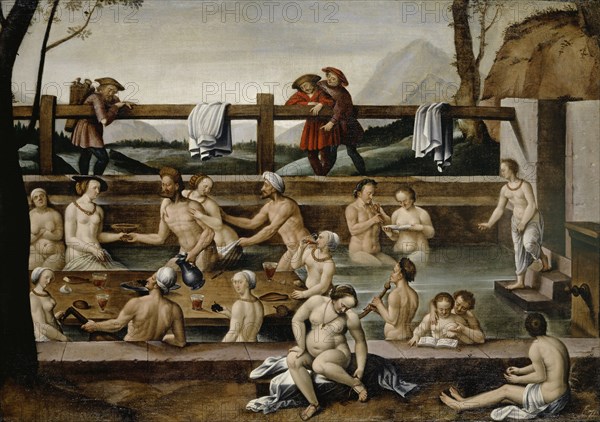 The Bath at Leuk (?), 1597, oil on canvas, 78.4 x 109.6 cm, inscribed lower left on the wall: hans bock • F • 1597, Hans Bock d. Ä., Zabern/Elsass um 1550/52–1624 Basel