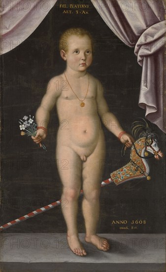 Portrait of the three-year-old Felix Platter II., 1608, oil on canvas, 108.5 x 67 cm, inscribed above middle: FEL., PLATERVS, AET., 3, •, A, ., Dated and signed lower right: ANNO 1608, HBocK Fecit., Hans Bock d. Ä., Zabern/Elsass um 1550/52–1624 Basel