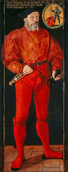 Portrait of Jacob Schwytzer, 1564, oil on linden wood, max., 193 x 66 cm, Signed and dated in the inscription below right: THOBIAS STYM [M] ER /, * 1564, above: Jacob Schwytzer the cyt hussmeister vn, precursor of the paner of the place Zurych ·, 1564 · sins age · 52 jar ·, ;, On the back: remnants of a rhyming Memento mori poem, Tobias Stimmer, Schaffhausen 1539–1584 Strassburg