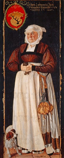 Portrait of Elsbeth Lochmann, wife of Jacob Schwytzer, 1564, oil on linden wood, max., 193.6 x 67.9 cm, Signed and dated in the inscriptions: bottom right: THOBIAS STYM [M] ER, above: Elsbeth Lochmanin Jacob, Schwytzers Eegmahel · 1564, Jrs alters 48, Tobias Stimmer, Schaffhausen 1539–1584 Strassburg