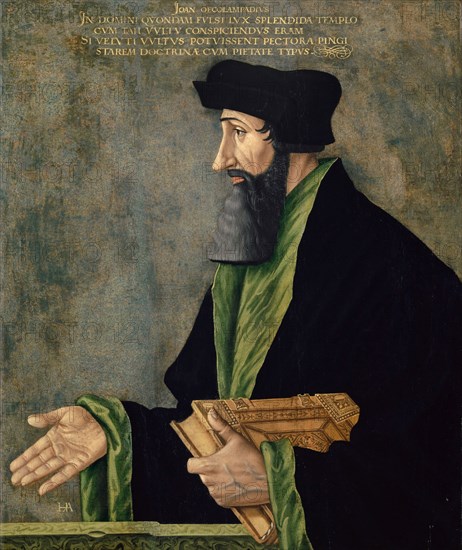 Portrait of Johannes Oekolampad, c. 1531/50, mixed technique on basswood, 62 x 51.5 cm, monogrammed lower left: HA [ligated]., Inscription at the top of the page: JOAN OECOLAMPADIVS, IN DOMINI QVONDAM FVLSI LVX SPLENDIDA TEMPLO, CVM TALI VVLTV CONSPICIENDVS ERAM, SI VELVTI VVLTVS POTVISSENT PECTORA PINGI, STAREM DOCTRINÆ CVM PIETATE TYPVS., Hans Asper, Zürich um 1499–1571 Zürich