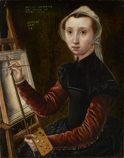 Self-portrait on the easel, 1548, oil on oak, 32.2 x 25.2 cm |, 32 x 25 cm (plate), inscription: EGO CATERINA DE, MEASUREMENT ME, PINXI 1548 // ETATIS SVAE, 20 (I painted myself Catharina van Hemessen 1548, of her age 20), Catharina van Hemessen, Antwerpen 1528 – nach 1567 Antwerpen (?)