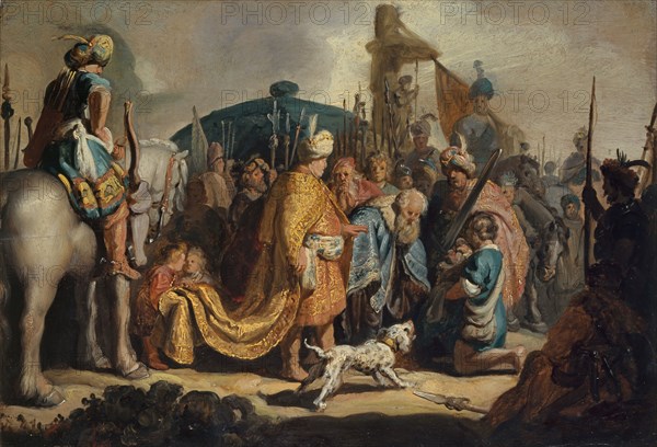David hands Goliath's head to King Saul, 1627, oil on oak, 27.4 x 39.7 cm, monogrammed and dated lower center: RH. [Ligated] 1627., Rembrandt Harmensz. van Rijn, Leiden 1606–1669 Amsterdam