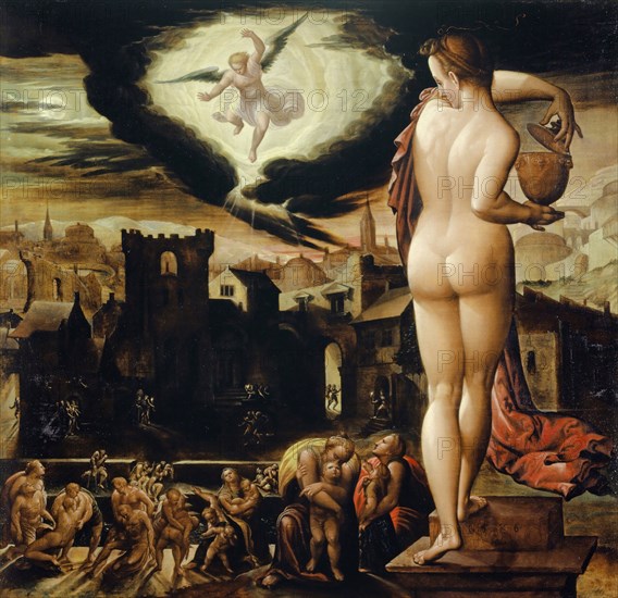 Allegory of the Night, 1586, oil on linden wood, 79.5 x 82 cm, inscribed lower right on the pedestal: 1586 HBock [ligated] • F:, Hans Bock d. Ä., Zabern/Elsass um 1550/52–1624 Basel