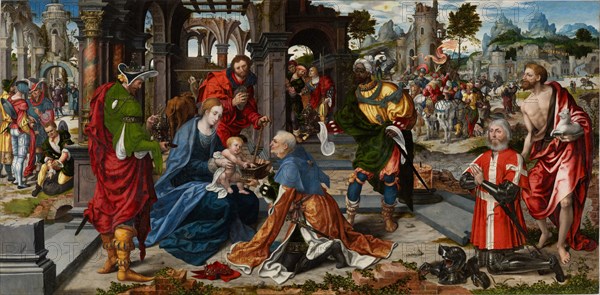 The Adoration of the Magi with the Founder Philippe de Villiers de l'Isle-Adam, c. 1530, oil on oak, 112.5 x 225.5 cm, unsigned., From the donor figure emanating inscription: O BONE IESV O IESV IESV DA MICHI VIRTVTVM [sic] CONTRA HOSTES TVOS ET MISERERE MEI, Noël Bellemare, tätig 1512–1546 Paris