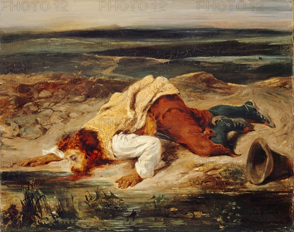 Brigand blessé (Pâtre romain), c. 1825, oil on canvas, 32.7 x 40.8 cm, signed lower right: Eug., Delacroix, Eugène Delacroix, Charenton-Saint-Maurice/Val-de-Marne 1798–1863 Champrosay bei Paris
