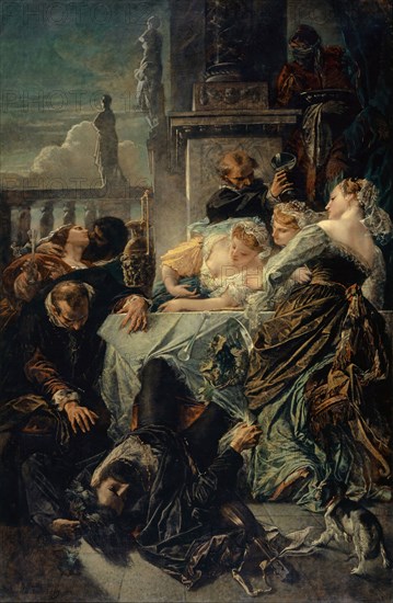 The Death of Pietro Aretino, 1854, oil on canvas, 267.5 x 176.5 cm, signed and dated lower left: Anselm Feuerbach., 1854, Anselm Feuerbach, Speyer 1829–1880 Venedig