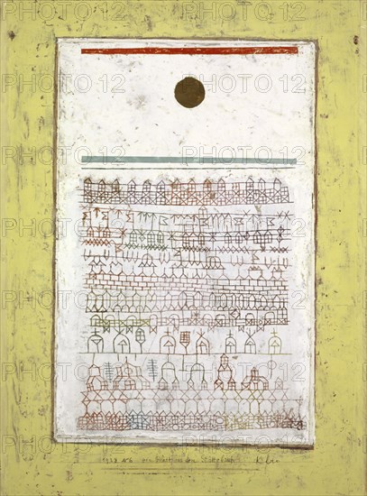 A sheet from the city book, 1928, 46 (N 6), oil paint on paper on cardboard on second box nailed on stretcher, original frame rails, 42.5 x 31.5 cm, signed on the second box bottom right: clover, inscribed on the second box bottom center: 1928 N 6 a sheet from the city book, Paul Klee, Münchenbuchsee/Bern 1879–1940 Muralto b. Locarno/Tessin