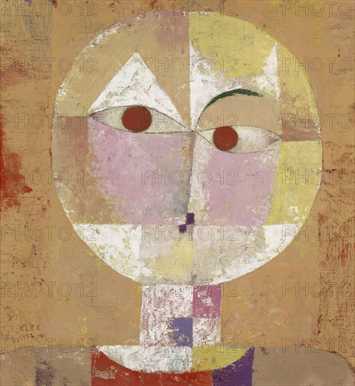 Senecio (Baldgreis), 1922, 181, oil on chalk base on gauze on cardboard, original, yellow frame, 40.3 x 37.4 cm, signed and dated lower left: KLEE, 1922 /// 181, inscribed on the reverse: [Senecio 1922], 181, Klee [illegible], Paul Klee, Münchenbuchsee/Bern 1879–1940 Muralto b. Locarno/Tessin