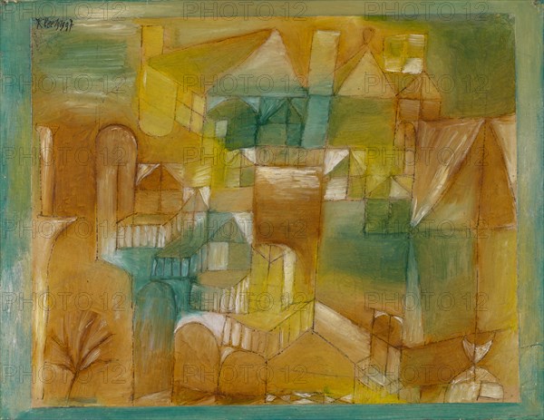 Fasçsade brown-green, 1919, 97, oil paint, pencil and quill on paper on painted cardboard, 24 x 31 cm, signed and dated upper left: Klee, 1919.97 ., inscribed in the middle back: 1919 97 Fasçsade brown-green clover, Paul Klee, Münchenbuchsee/Bern 1879–1940 Muralto b. Locarno/Tessin
