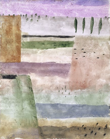 Landscape with poplars, 1929, 226 (W 6), watercolor on white ground on paper on cardboard, 27 x 21.5 cm, signed lower left: [K] lee, Paul Klee, Münchenbuchsee/Bern 1879–1940 Muralto b. Locarno/Tessin