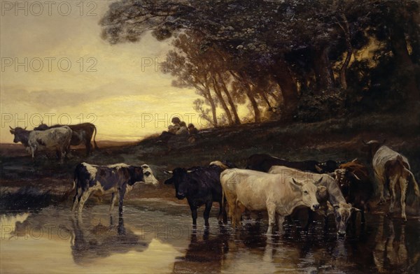 Cows at the Potions, 1868, oil on canvas, 137 x 204 cm, signed and dated lower right: RKoller [R and K ligiert] 1868. January Zurich, Johann Rudolf Koller, Zürich 1828–1905 Zürich