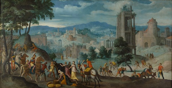 The encounter of David and Abigail, 1557, oil on canvas, 104 x 202 cm, monogrammed and dated on the small rocky outcropping to the right of the Shadow Zone: L • XX [= two full v] • N., • 1557 •, Lambert van Noort, Amersfoort um 1520–1570/71 Antwerpen