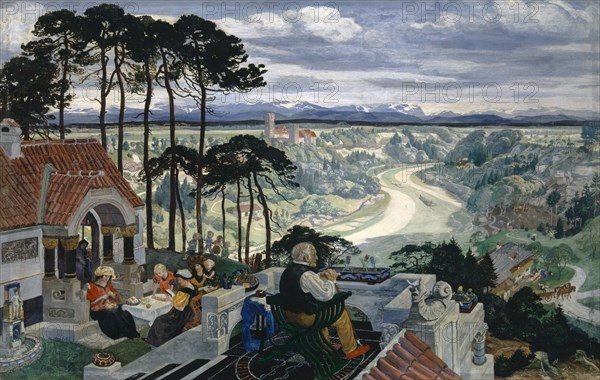 German landscape (Isar landscape), 1900-1901, tempera on linden wood, 63.5 x 99 cm, signed and dated center left, above the house entrance: ALBERT WELTI, 1900-1901, Albert Welti, Zürich 1862–1912 Bern