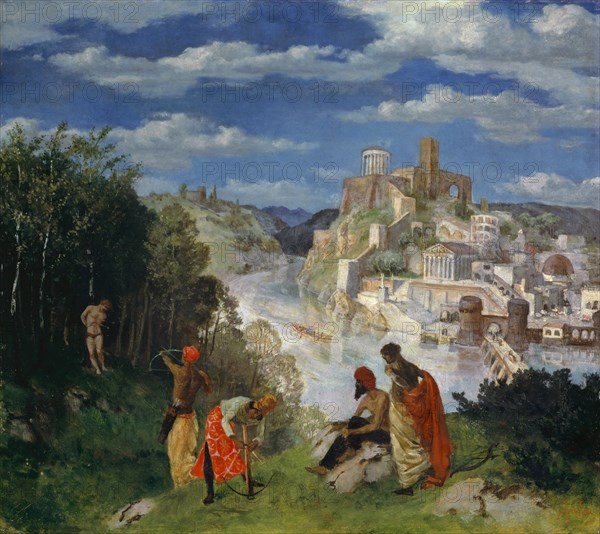 Landscape with the martyrdom of St., Sebastian, 1894, tempera on cardboard, on canvas, 48.5 x 54.5 cm, monogrammed and dated lower right: AW 1894, Albert Welti, Zürich 1862–1912 Bern