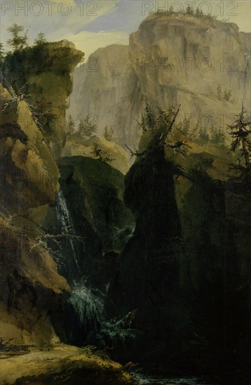 Canyon with waterfall, 1775, oil on canvas, 81.5 x 53.8 cm, signed and dated lower right (under glaze layer): C Wolff., 1775 (the last two digits hard to read), Caspar Wolf, Muri/Aargau 1735–1783 Heidelberg