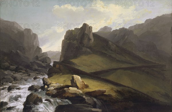 The old and the new Gotthardstrasse above Hospental, around 1774/77, oil on canvas, 54.1 x 82 cm, Signed below on the rock in the middle of the creek: CWolf, Caspar Wolf, Muri/Aargau 1735–1783 Heidelberg