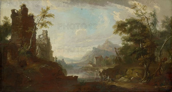 Castle ruin on a lake with fishermen, around 1765/68, oil on canvas, 63.8 x 116.6 cm, unsigned, Caspar Wolf, Muri/Aargau 1735–1783 Heidelberg