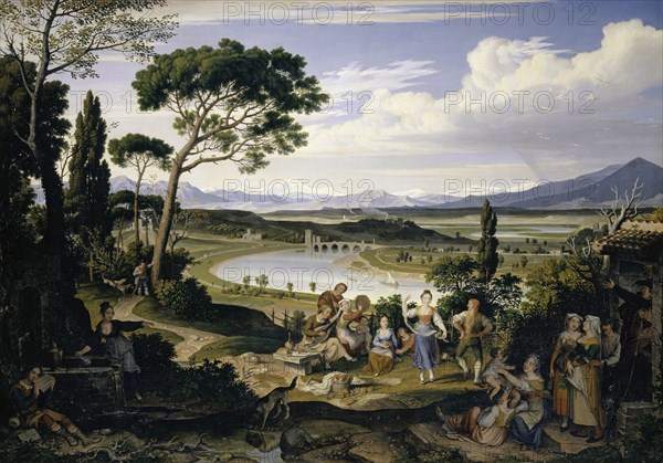 Tiber area near Rome with a rural festival, 1818, oil on canvas, 74.4 x 104.5 cm, signed and dated lower left on the stone tablet: I Koch, Tyrolese, 1818, Joseph Anton Koch, Obergiblen bei Elbigenalp (Lechtal) 1768–1839 Rom