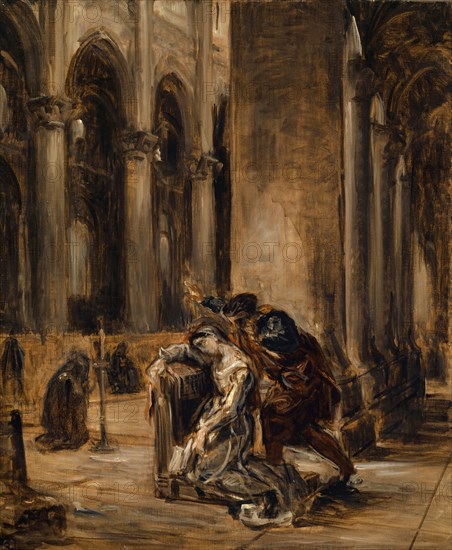 Marguerite à l'église (Goethe: Faust, 1ère partie, scène dans la cathédrale), after 1850, oil on canvas, 56.1 x 46.6 cm, unmarked, Eugène Delacroix, Charenton-Saint-Maurice/Val-de-Marne 1798–1863 Champrosay bei Paris