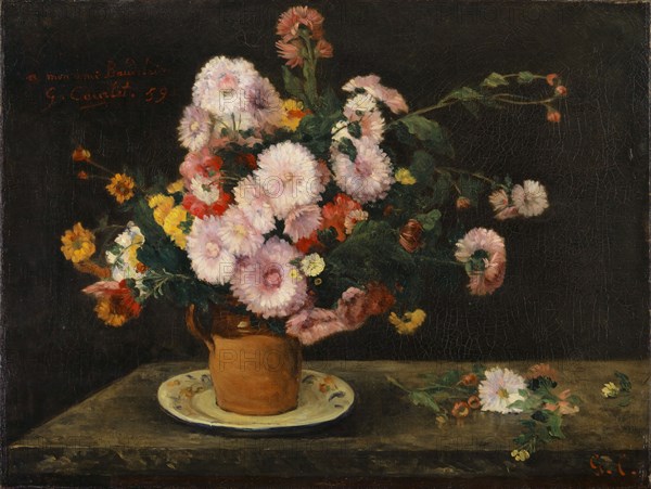 Bouquet d'asters, 1859, oil on canvas, 46.6 x 61.5 cm, monogrammed lower right: G. C ., inscribed top left: a mon ami Baudelaire, G. Courbet., 59 (after covering the temporary overpainting of the dedication), Gustave Courbet, Ornans 1819–1877 La Tour-de-Peilz