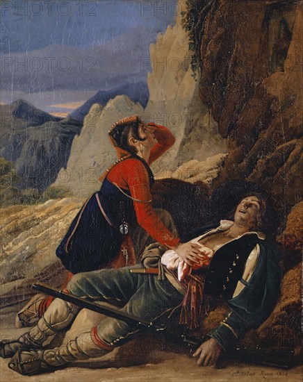 Brigand blessé à mort et sa femme au désespoir, 1824, oil on canvas, 47 x 38 cm, signed and dated lower right: Lld [ld superscript] Robert., Roma., 1824, Léopold Robert, Les Eplatures/La Chaux-de-Fonds 1794–1835 Venedig