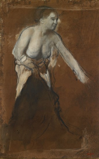 Jeune fille à demi dévetue (Jeune femme à sa toilette), 1866/1868, oil on dyed paper on canvas, 47 x 29.9 cm, Edgar Degas, Paris 1834–1917 Paris