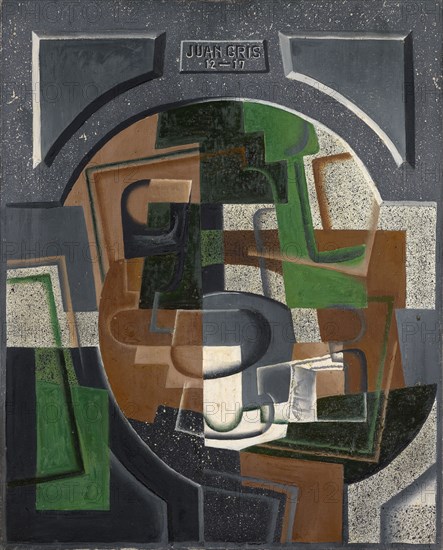 Nature morte à la plaque, 1917 (December), oil on canvas, 81 x 65.5 cm, signed and dated at the top center of the board: JUAN GRIS, 12-17, Juan Gris, Madrid 1887–1927 Boulogne-sur-Seine/Hauts-de-Seine