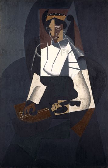 La femme à la mandoline, d'après Corot, 1916 (September), oil on plywood, 92 x 60 cm, signed and dated upper left: Juan Gris, 9-16 [very thin with black color], Juan Gris, Madrid 1887–1927 Boulogne-sur-Seine/Hauts-de-Seine