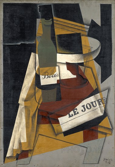 Bouteille et compotier (Bouteille, journal et compotier), 1916 (July), oil on plywood, 72.5 x 50 cm, signed and dated lower right: Juan Gris, 7-16, Juan Gris, Madrid 1887–1927 Boulogne-sur-Seine/Hauts-de-Seine