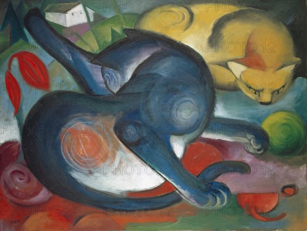 Two cats, blue and yellow, 1912, oil on canvas, 74.1 x 98.2 cm, signed lower left: Marc, inscribed on the back of the canvas: Marc, Sindelsdorf, Franz Marc, München 1880–1916 gefallen bei Verdun