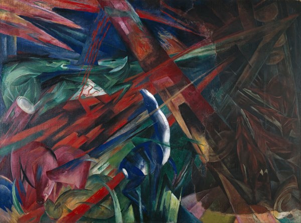 Animal Fates (The trees showed their rings, the animals their veins), 1913, oil on canvas, 194.7 x 263.5 cm, monogrammed lower right: M, inscribed on the back of the canvas: And all being is in flaming pain [obscured by duplication today], Franz Marc, München 1880–1916 gefallen bei Verdun