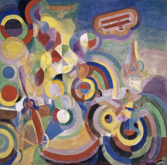 Hommage à Blériot, 1914, Glue tempera on canvas, 250 x 251 cm, Inscribed, dated and signed at the bottom of the picture: premiersdisques solaire simultané forme au grand constructeur Blériot 1914 DELAUNAY, Robert Delaunay, Paris 1885–1941 Montpellier