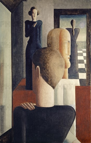 Five figures in the room, Roman, 1925, oil on canvas, 97.1 x 62.2 cm, inscribed with brush in black on the reverse, dated and signed: 5 figures in space, June 25, Osk Schlemmer, Oskar Schlemmer, Stuttgart 1888–1943 Baden-Baden