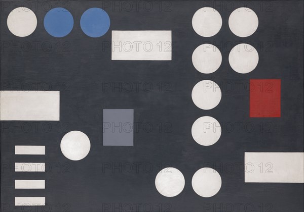 Composition à rectangles et cercles sur fond noir, 1931, oil on canvas, 64.5 x 92 cm, unmarked, Sophie Taeuber-Arp, Davos/Graubünden 1889–1943 Zürich