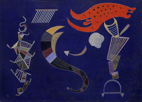 La flèche, 1943 (February), oil on board, 41.9 x 57.9 cm, monogrammed and dated lower left: K [within an angle, a stylized V], 43, monogrammed and inscribed on cardboard on the reverse: K [within an angle, a stylized V], No 711, i943, Vassily Kandinsky, Moskau 1866–1944 Neuilly-sur-Seine/Hauts-de-Seine