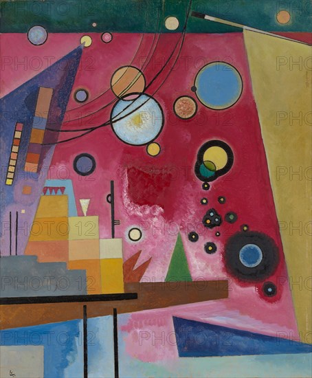 Heavy Red, 1924 (July), oil on cardboard, 58.7 x 48.7 cm, monogrammed and dated lower left: K, [within an angle, a stylized V, damaged paint layer, K incomplete], 24, monogrammed on the reverse on cardboard and inscribed:, K [within an angle, a stylized V], No 276 Heavy Red., I924 /, 485 x 595., Wassily Kandinsky, Moskau 1866–1944 Neuilly-sur-Seine/Hauts-de-Seine