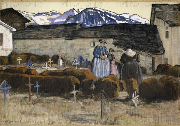 Cimetière valaisan, 1910, tempera, pastel crayon and charcoal on paper, on board, 53 x 76.5 cm, signed and dated lower left: ED., VALLET 1910, Edouard Vallet, Genf 1876–1929 Cressy b. Genf