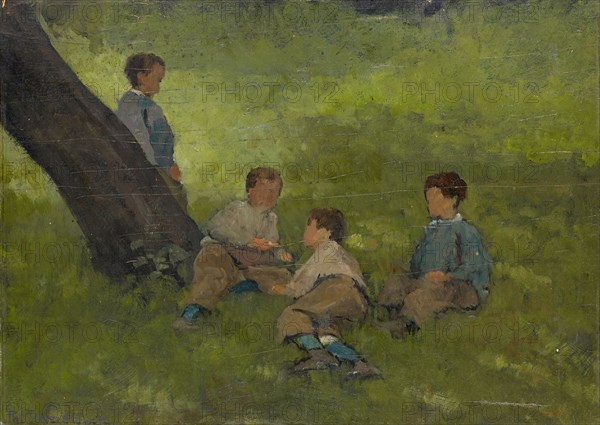 Boys in the Green, oil on canvas, 36.5 x 60 cm, signed lower left: Th. Preiswerk, Theophil Preiswerk, Basel 1846–1919 Basel