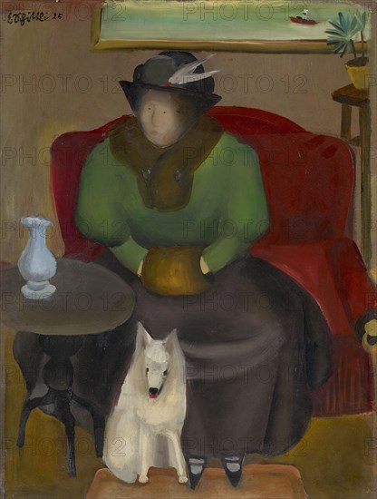 Woman in Fur with Dog, 1925, oil on board, 51.5 x 38.5 cm, Signed and dated top left: E.Schöttli 25 [Kurrentschrift], Emanuel Schöttli, Basel 1895–1926 Basel