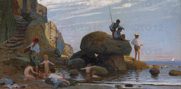 Fisherman and Children Bathing on the Beach, 1873 (?), Oil on canvas, 30 x 59 cm, signed lower left: TH., PRICE, MOVEMENT, Theophil Preiswerk, Basel 1846–1919 Basel