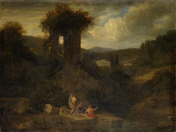 Landscape with ruined temple and fishermen by a body of water, oil on canvas, 67 x 91 cm, unmarked, Gaspard Dughet (Gaspard Poussin), (Umkreis / circle), Rom 1615–1675 Rom