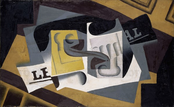 Verre et journal, 1917 (August), oil on plywood, 37.9 x 60.9 cm, signed, inscribed and dated lower left: Juan Gris, Paris 8-1917, Juan Gris, Madrid 1887–1927 Boulogne-sur-Seine/Hauts-de-Seine