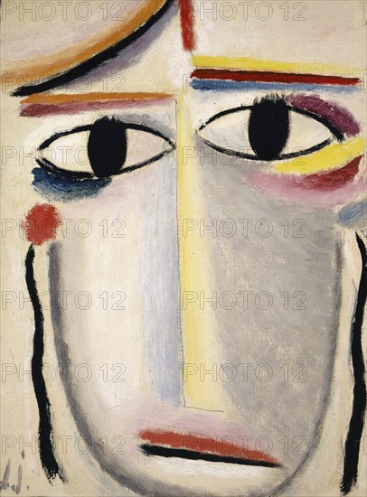 Female Head, 1919-1920, oil on linen textured paper, mounted on cardboard, 38.5 x 29 cm, monogrammed lower left: A. j., Alexej von Jawlensky, Torschok/Twer 1864–1941 Wiesbaden