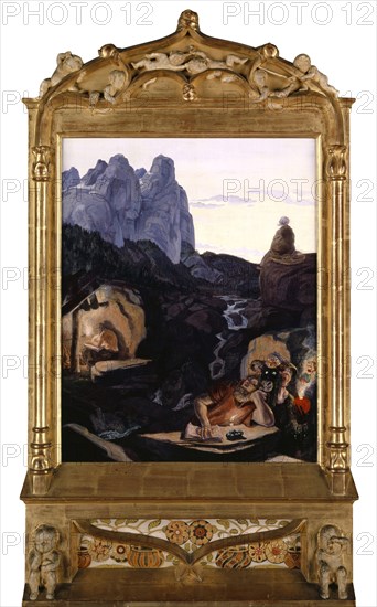 The Three Hermits, 1907-1908, oil on lime wood, 57 x 45.5 cm, signed and dated lower left: Albert Welti, 1907-1908, Albert Welti, Zürich 1862–1912 Bern