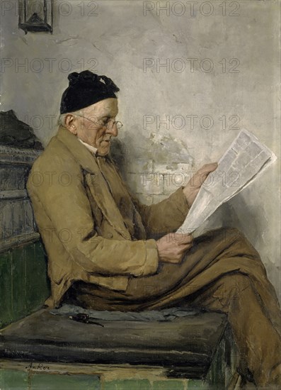 Reading Farmer on the Oven Step, oil on canvas, 60.8 x 44.4 cm, signed lower left: Anchor, Albert Anker, Ins/Bern 1831–1910 Ins/Bern
