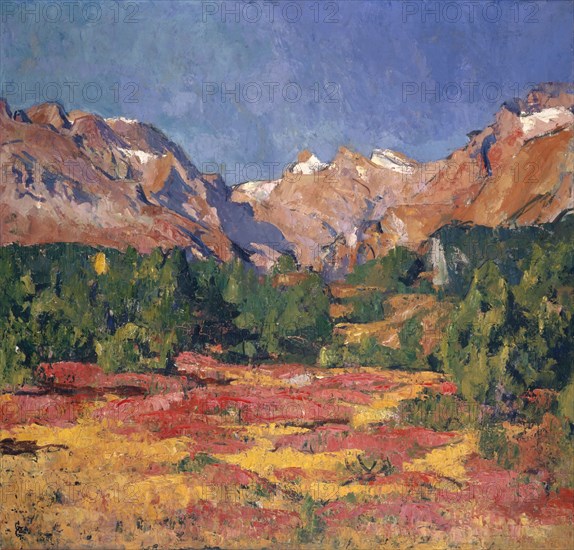Paesaggio d'autunno, 1927, oil on canvas, 100.4 x 104.9 cm, monogrammed lower left: GG [ligated], signed, dated and inscribed on the reverse: Giovni [ni superscripted and underlined] Giacometti Maloja 1927, Giovanni Giacometti, Stampa/Graubünden 1868–1933 Glion/Waadt