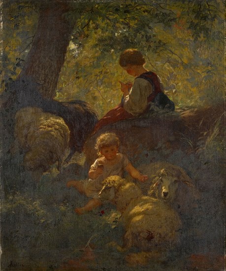 Children with sheep, 1860, oil on canvas, 65 x 54 cm, signed lower left: RKoller [R and K ligated], Johann Rudolf Koller, Zürich 1828–1905 Zürich